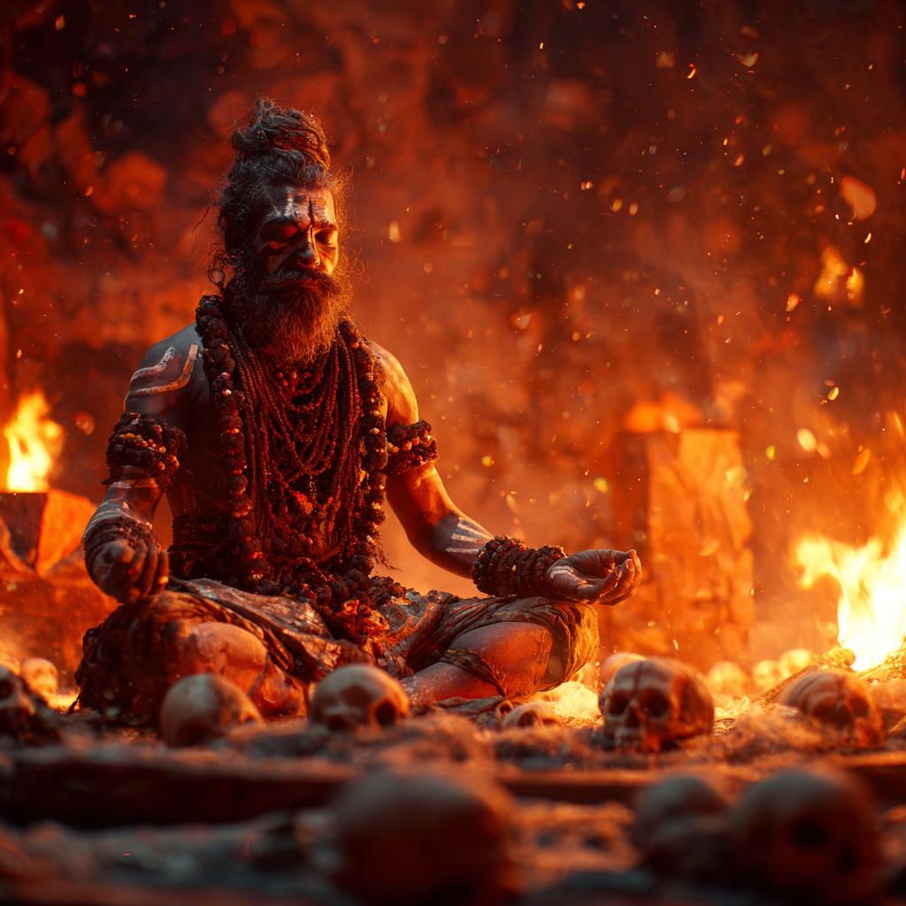 Aghori Baba in Hyderabad performing powerful spiritual ritual with dark temple background