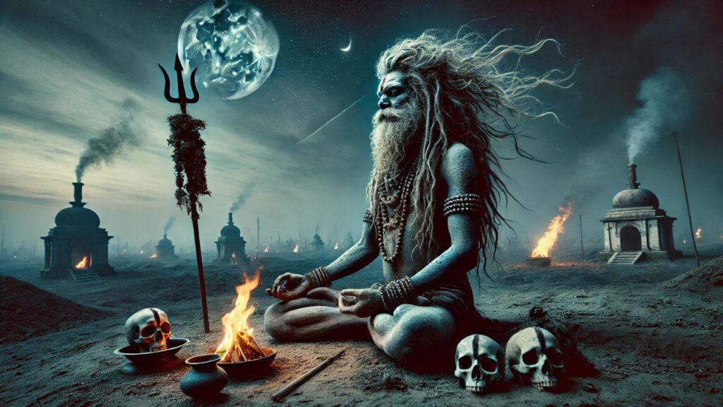 Aghori Baba in Ahmedabad performing spiritual ritual with dark temple background
